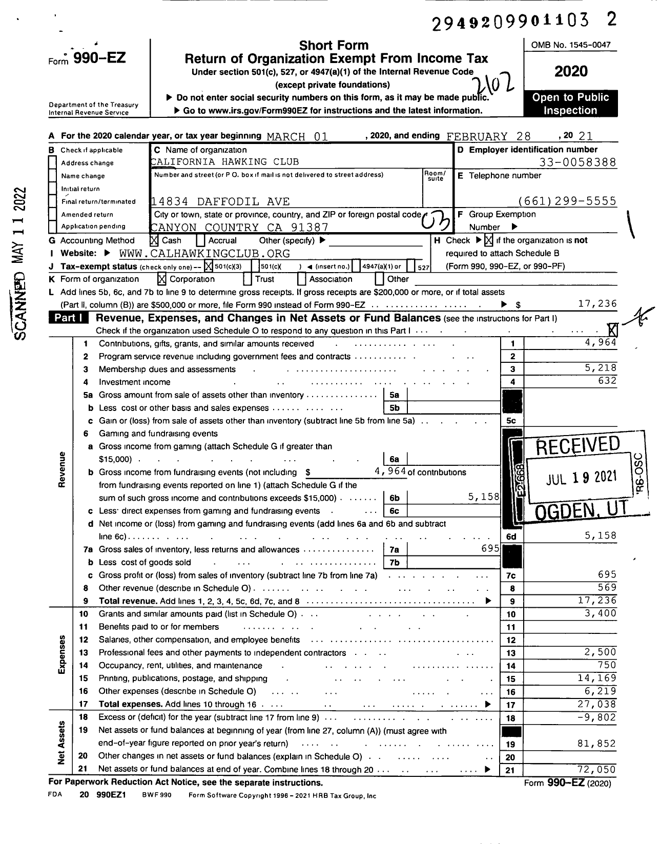 Image of first page of 2020 Form 990EZ for California Hawking Club