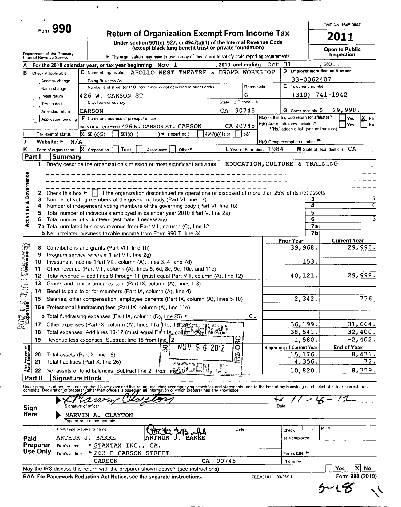 Image of first page of 2010 Form 990 for Apollo West Theatre and Drama Workshop