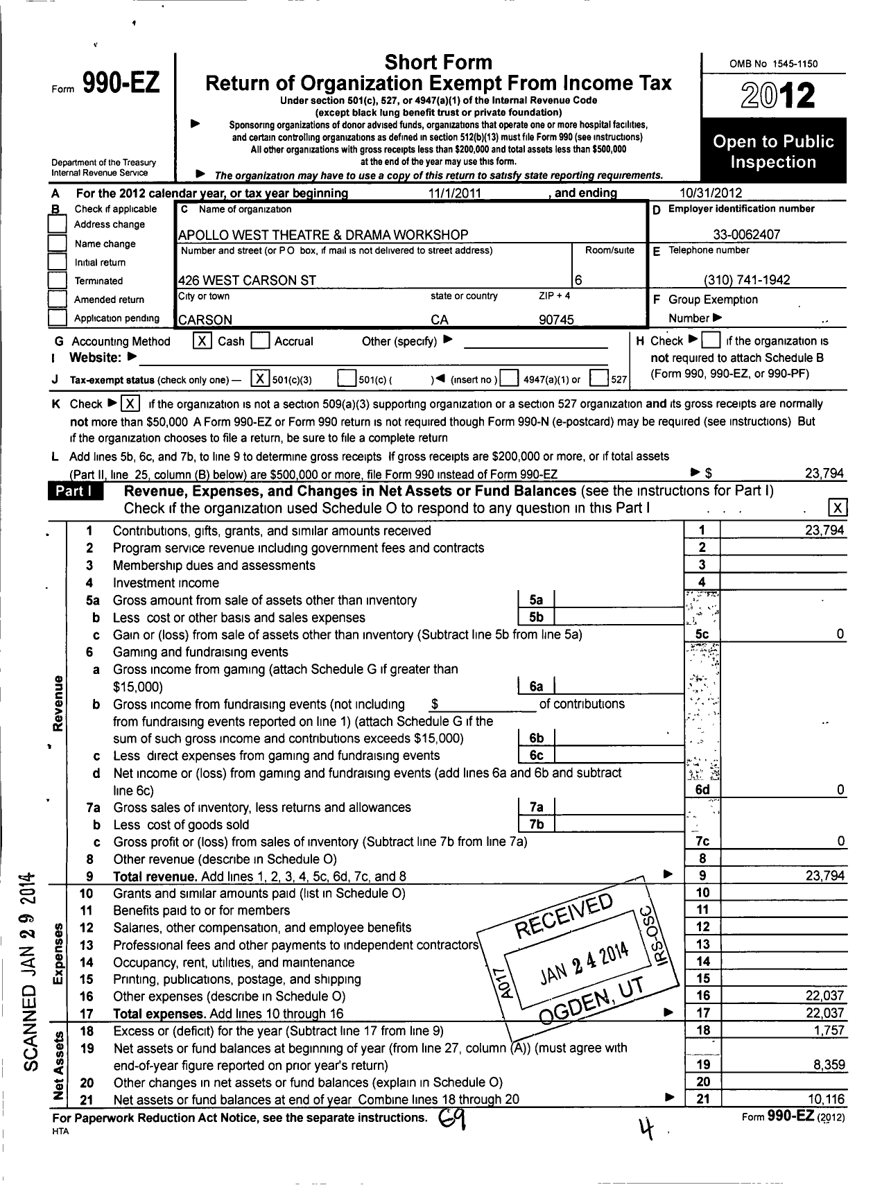 Image of first page of 2011 Form 990EZ for Apollo West Theatre and Drama Workshop