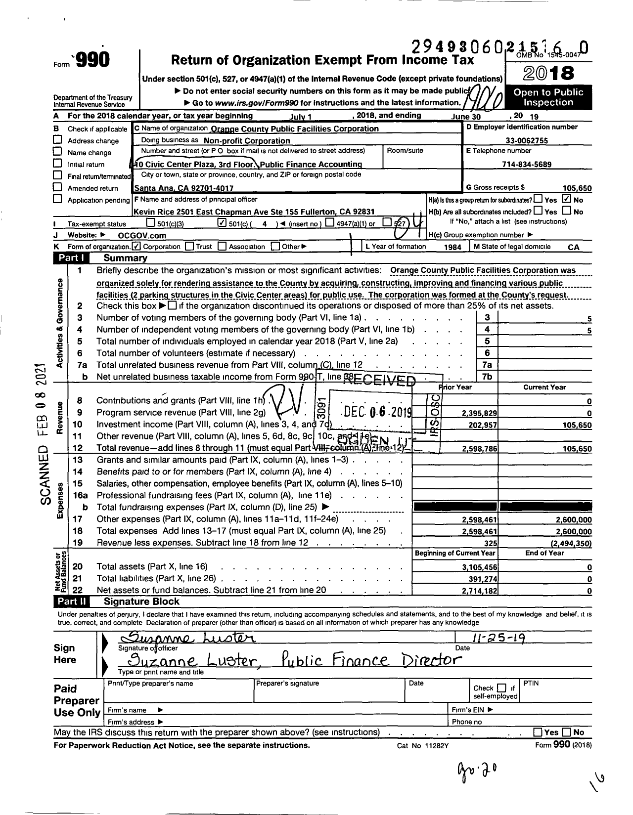 Image of first page of 2018 Form 990O for Orange County Public Facilities Corporation