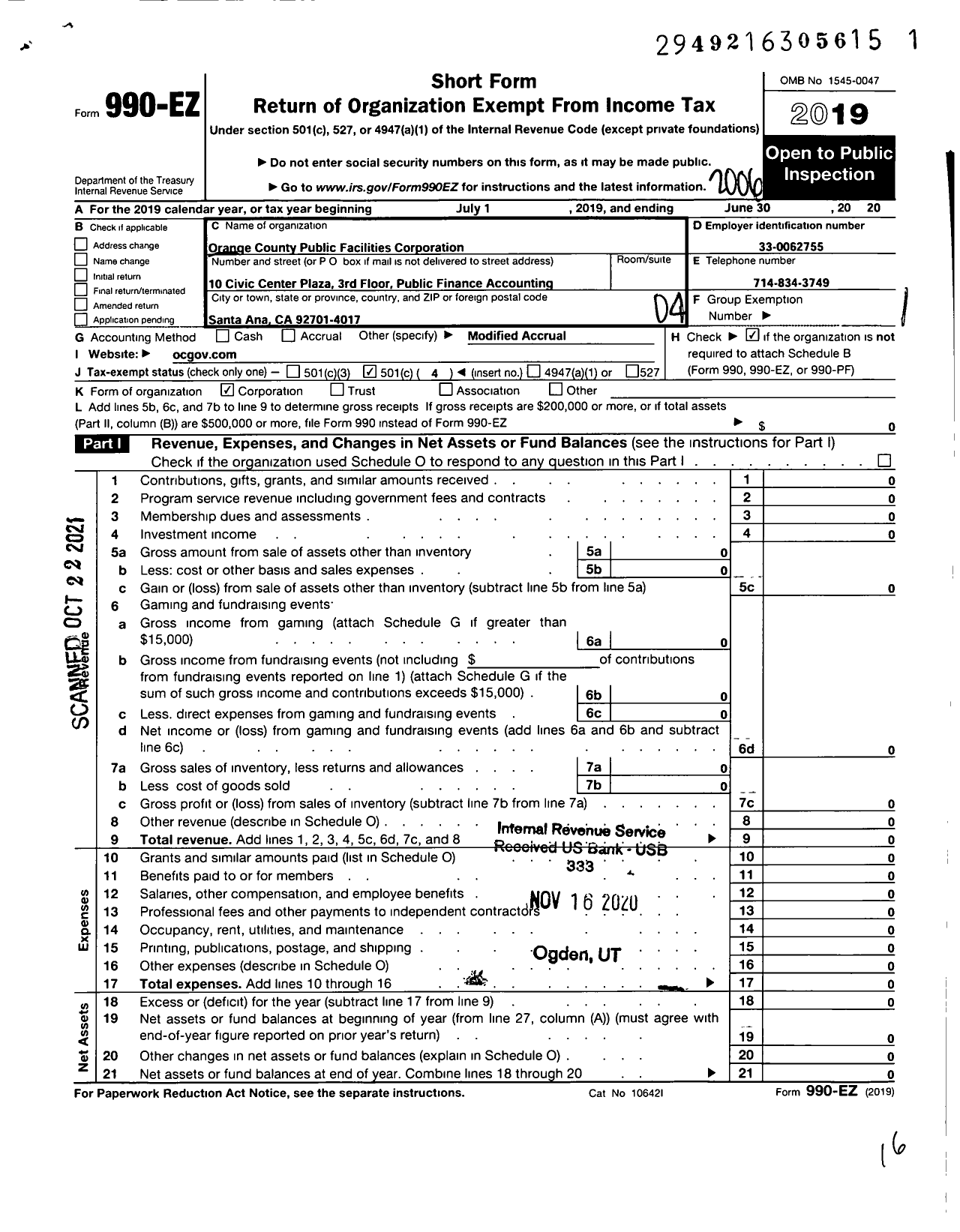 Image of first page of 2019 Form 990EO for Orange County Public Facilities Corporation