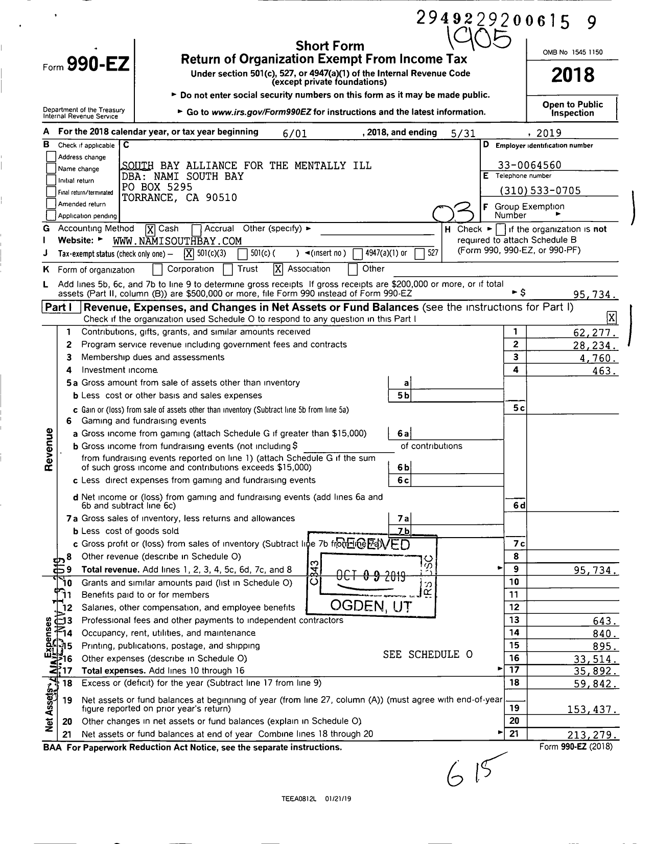 Image of first page of 2018 Form 990EZ for South Bay Alliance for the Mentally Ill