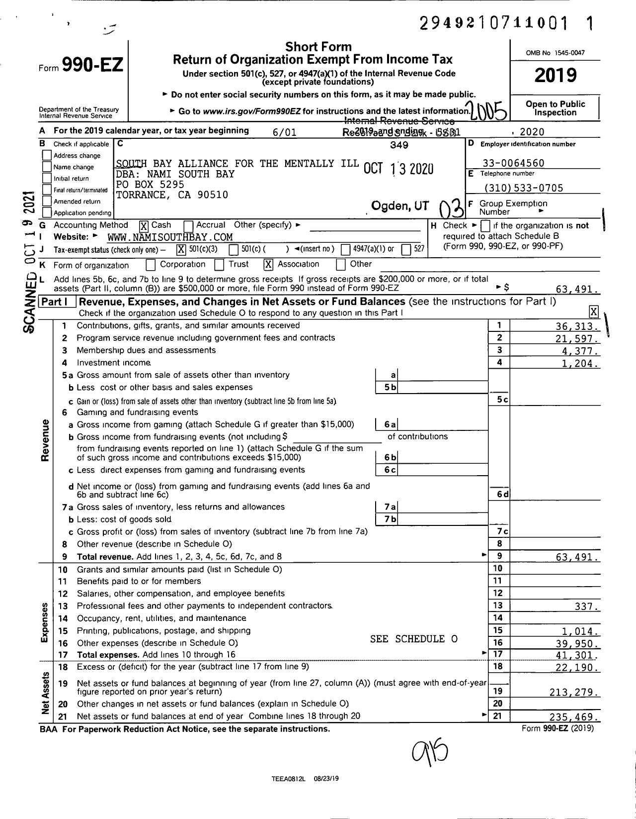 Image of first page of 2019 Form 990EZ for South Bay Alliance for the Mentally Ill