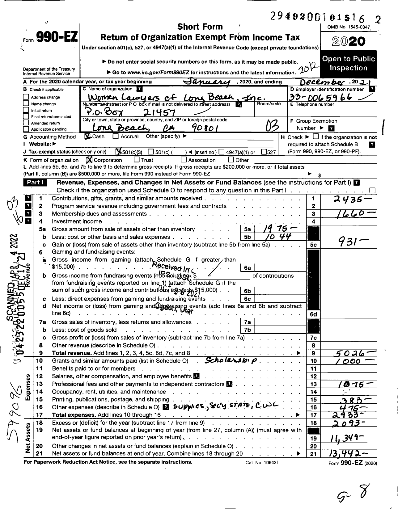 Image of first page of 2020 Form 990EZ for Women Lawyers of Long Beach