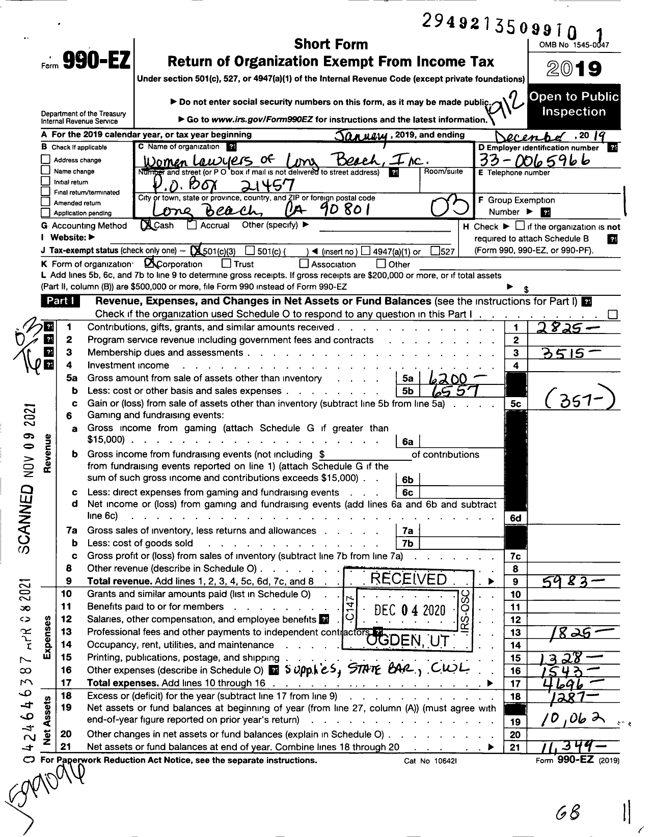 Image of first page of 2019 Form 990EZ for Women Lawyers of Long Beach