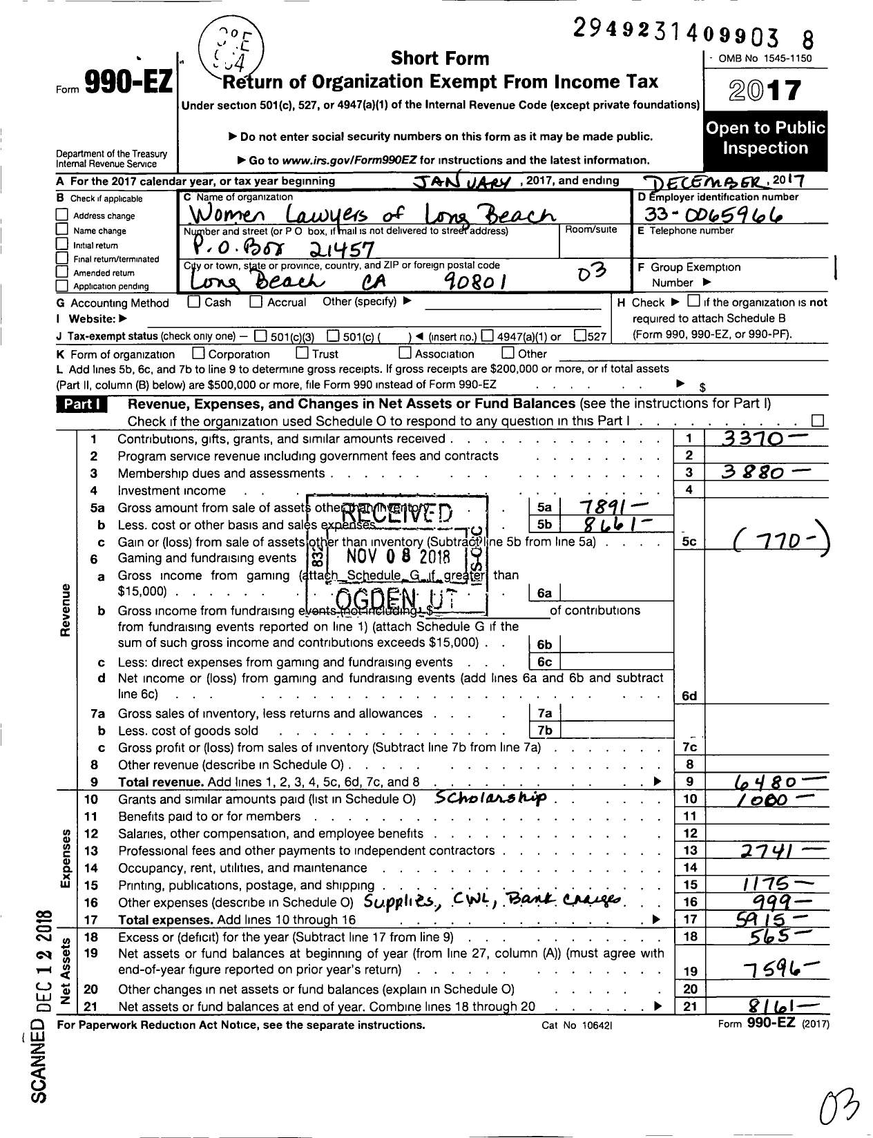 Image of first page of 2017 Form 990EZ for Women Lawyers of Long Beach