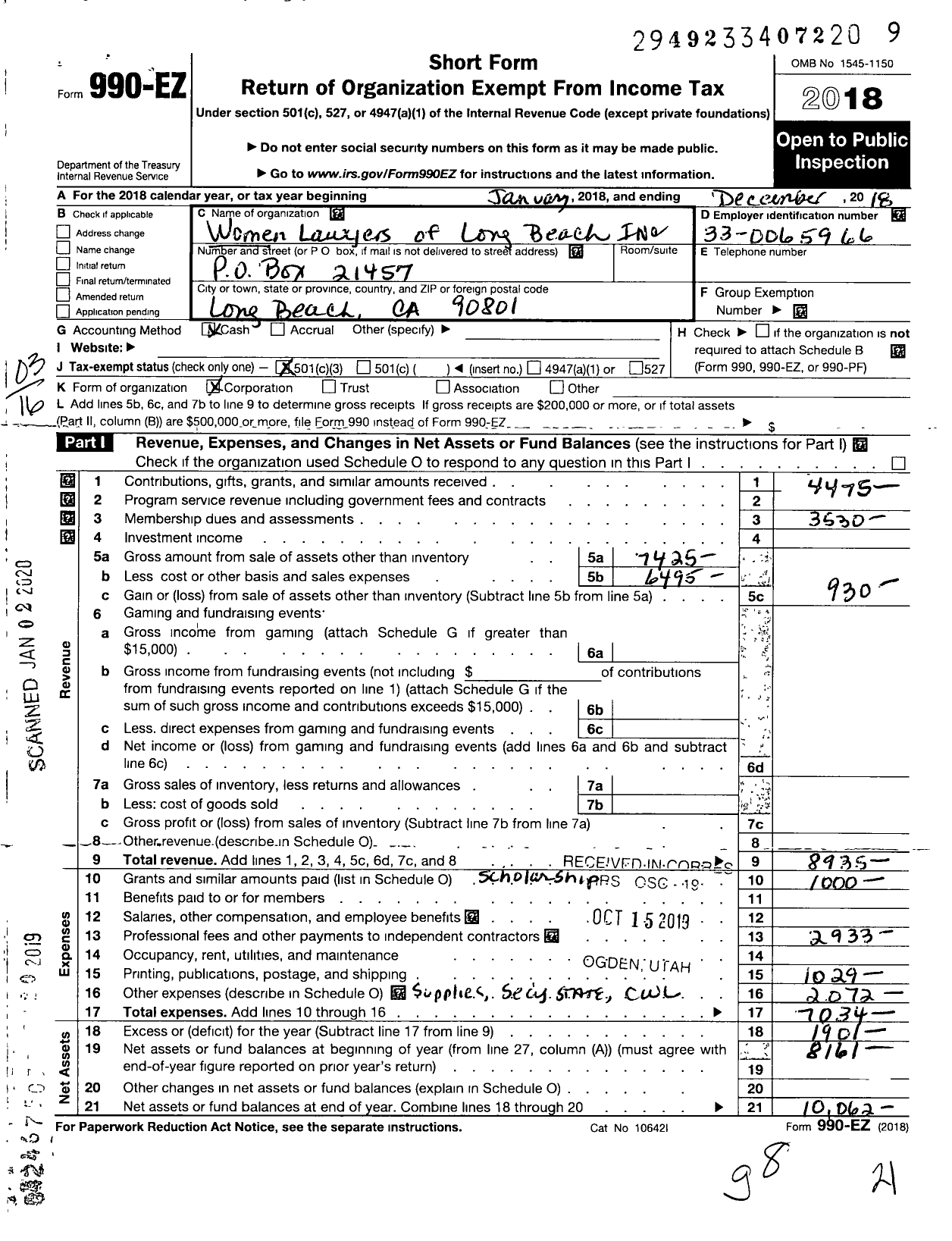 Image of first page of 2018 Form 990EZ for Women Lawyers of Long Beach