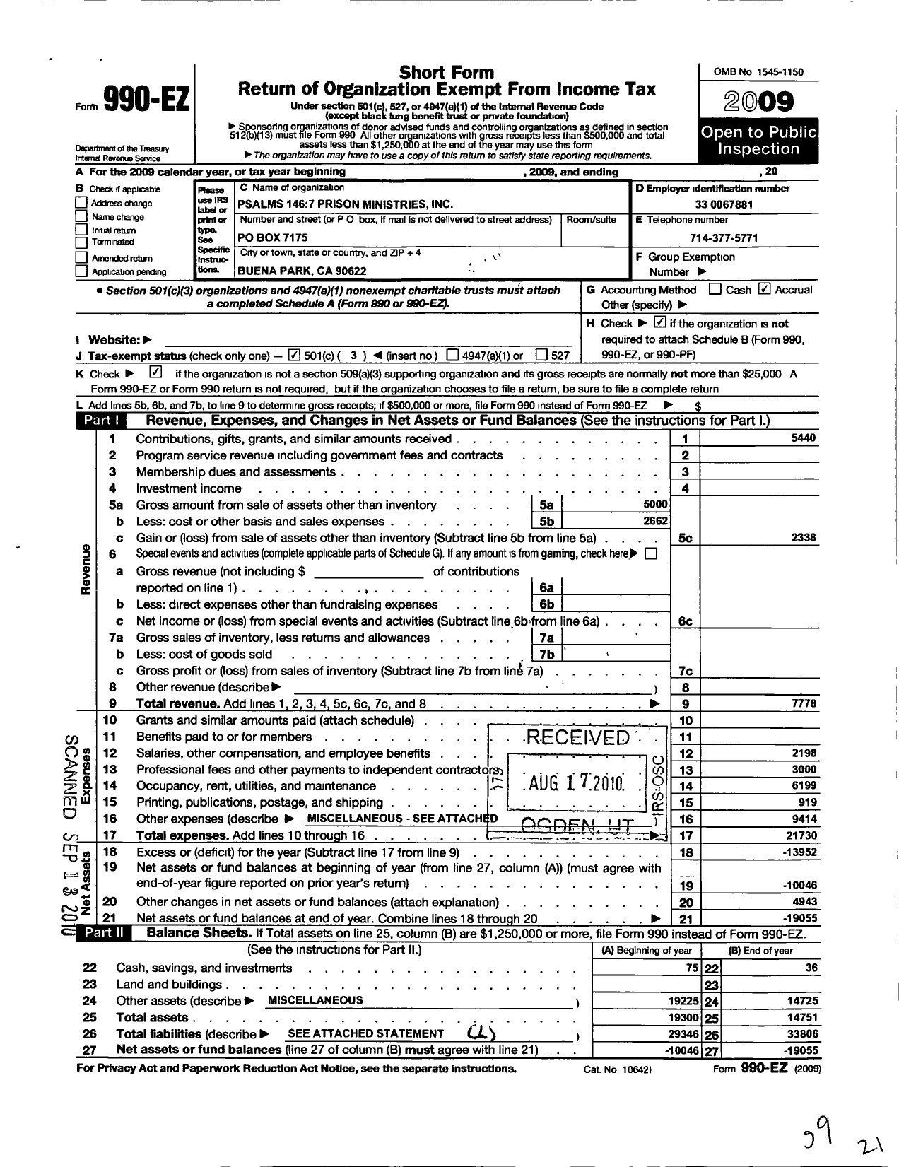 Image of first page of 2009 Form 990EZ for Psalm 146 7 Prison Ministries