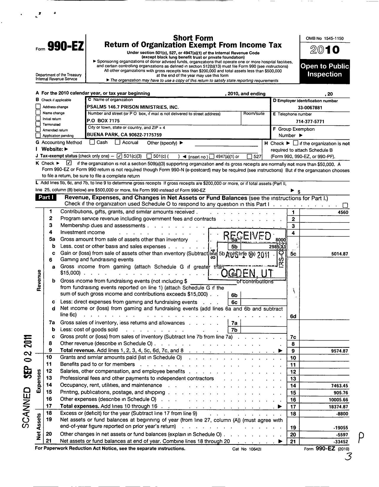 Image of first page of 2010 Form 990EZ for Psalm 146 7 Prison Ministries