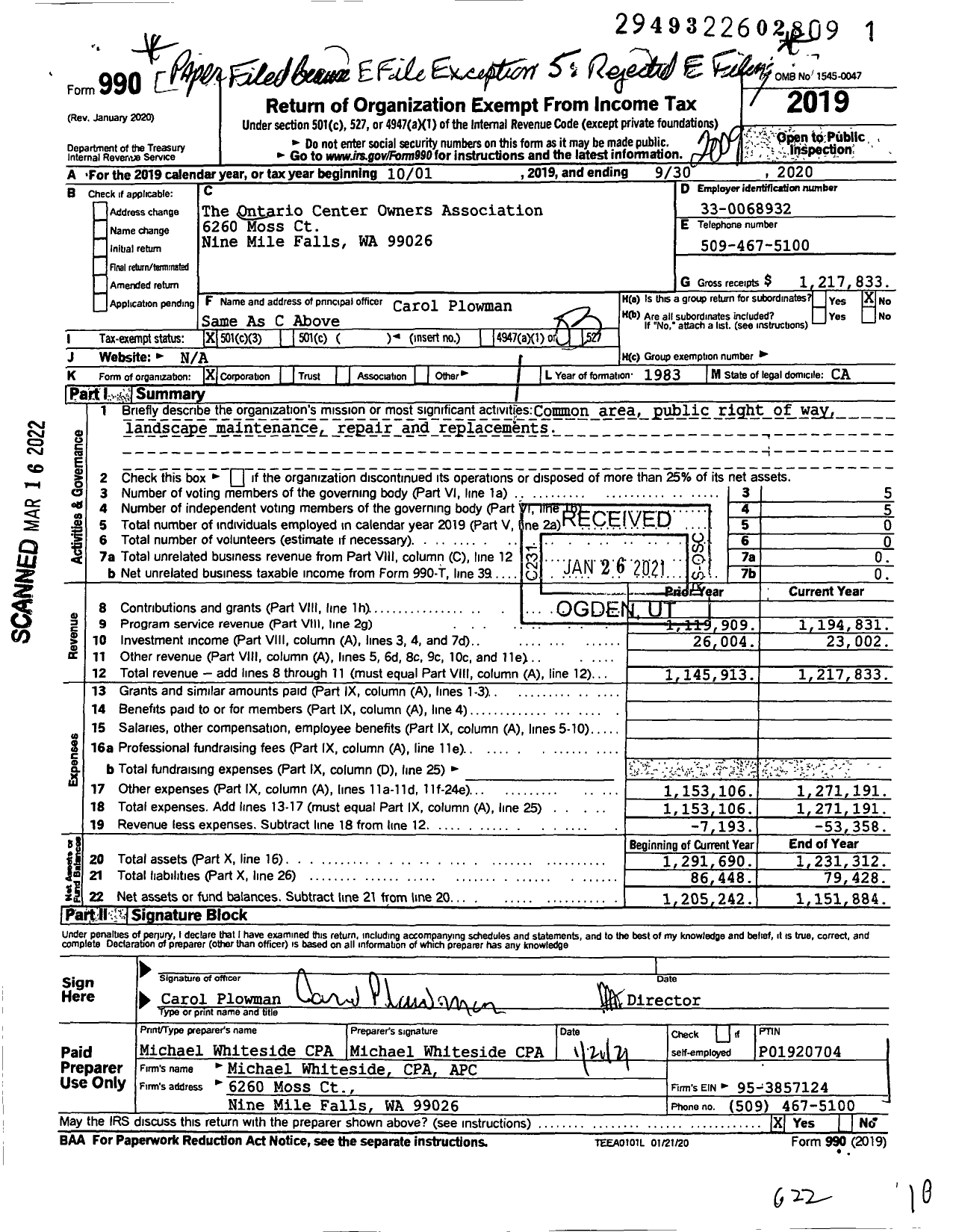 Image of first page of 2019 Form 990 for The Ontario Center Owners Association