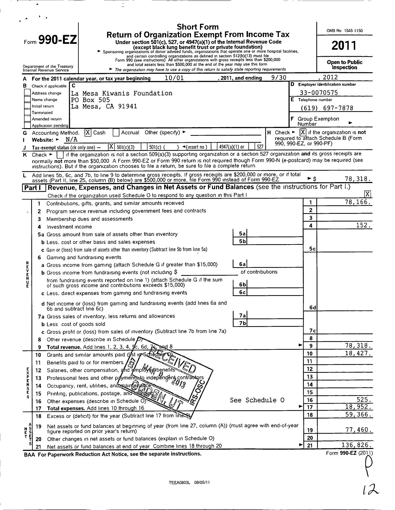 Image of first page of 2011 Form 990EZ for La Mesa Kiwanis Foundation