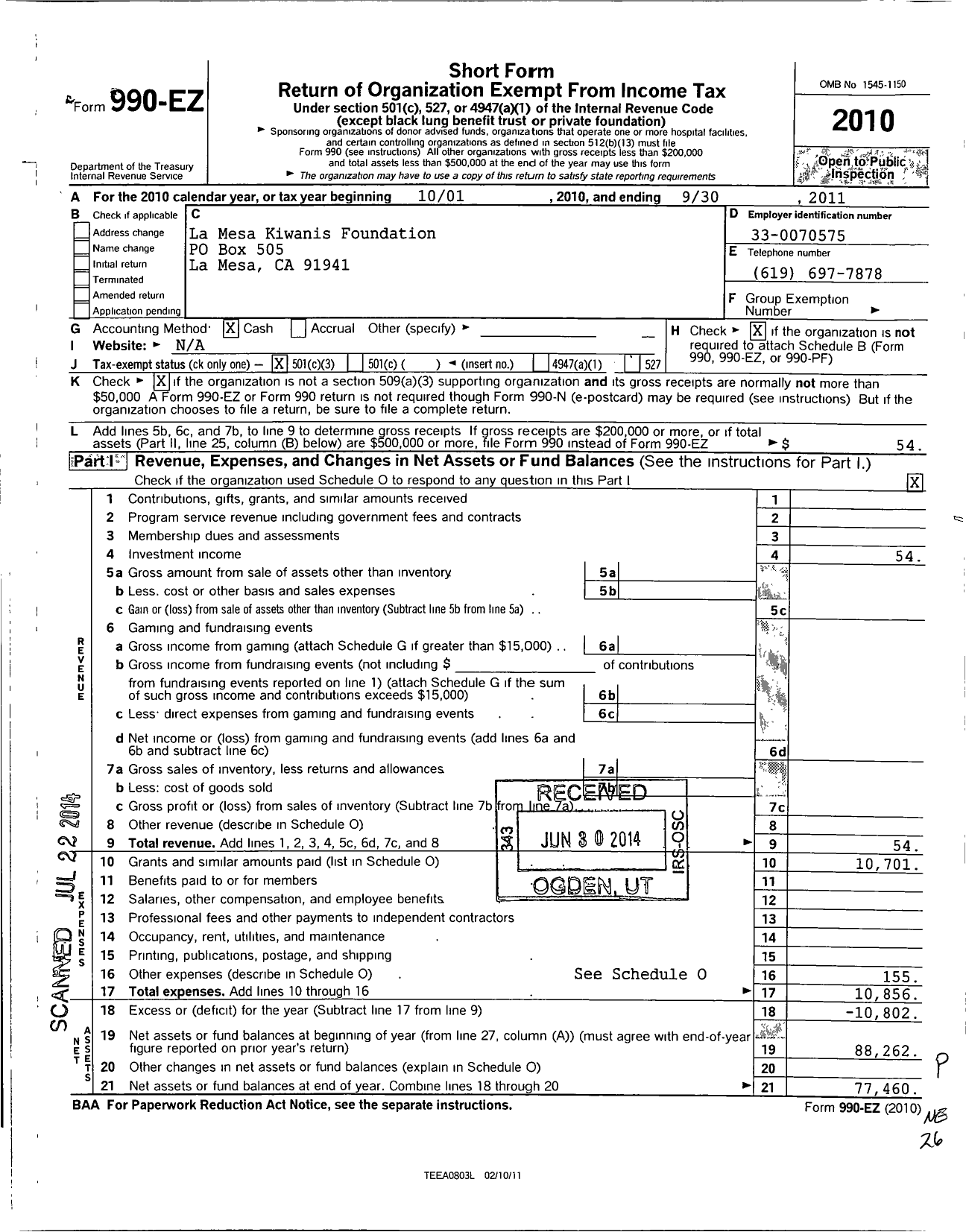 Image of first page of 2010 Form 990EZ for La Mesa Kiwanis Foundation