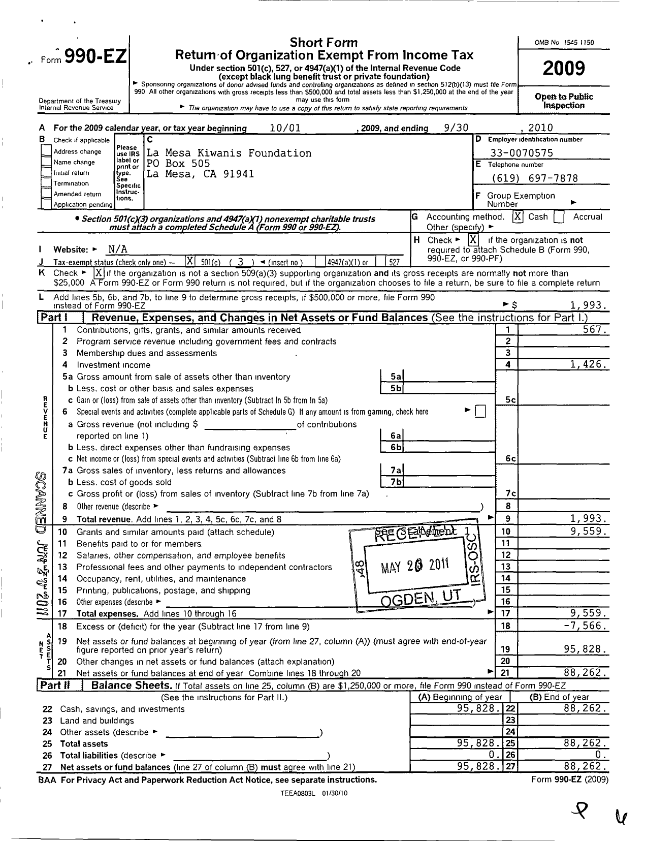 Image of first page of 2009 Form 990EZ for La Mesa Kiwanis Foundation