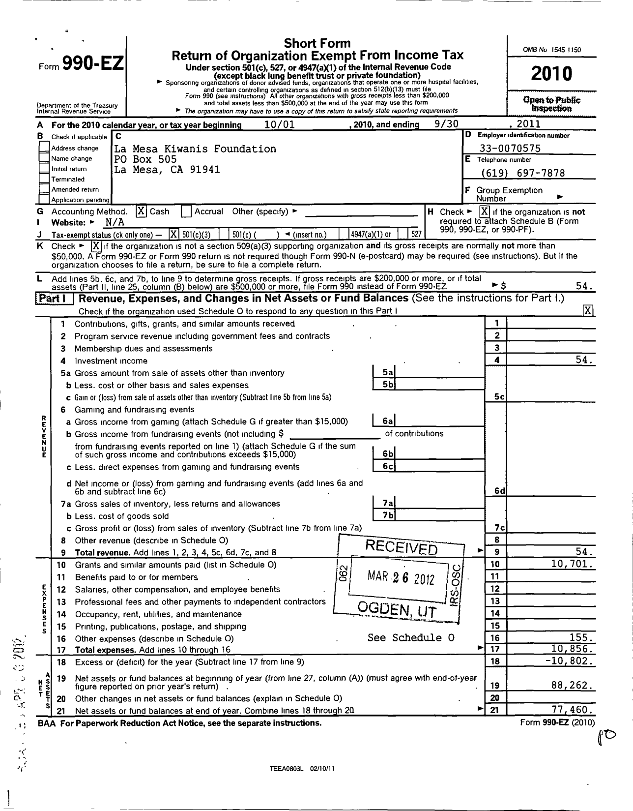 Image of first page of 2010 Form 990EZ for La Mesa Kiwanis Foundation