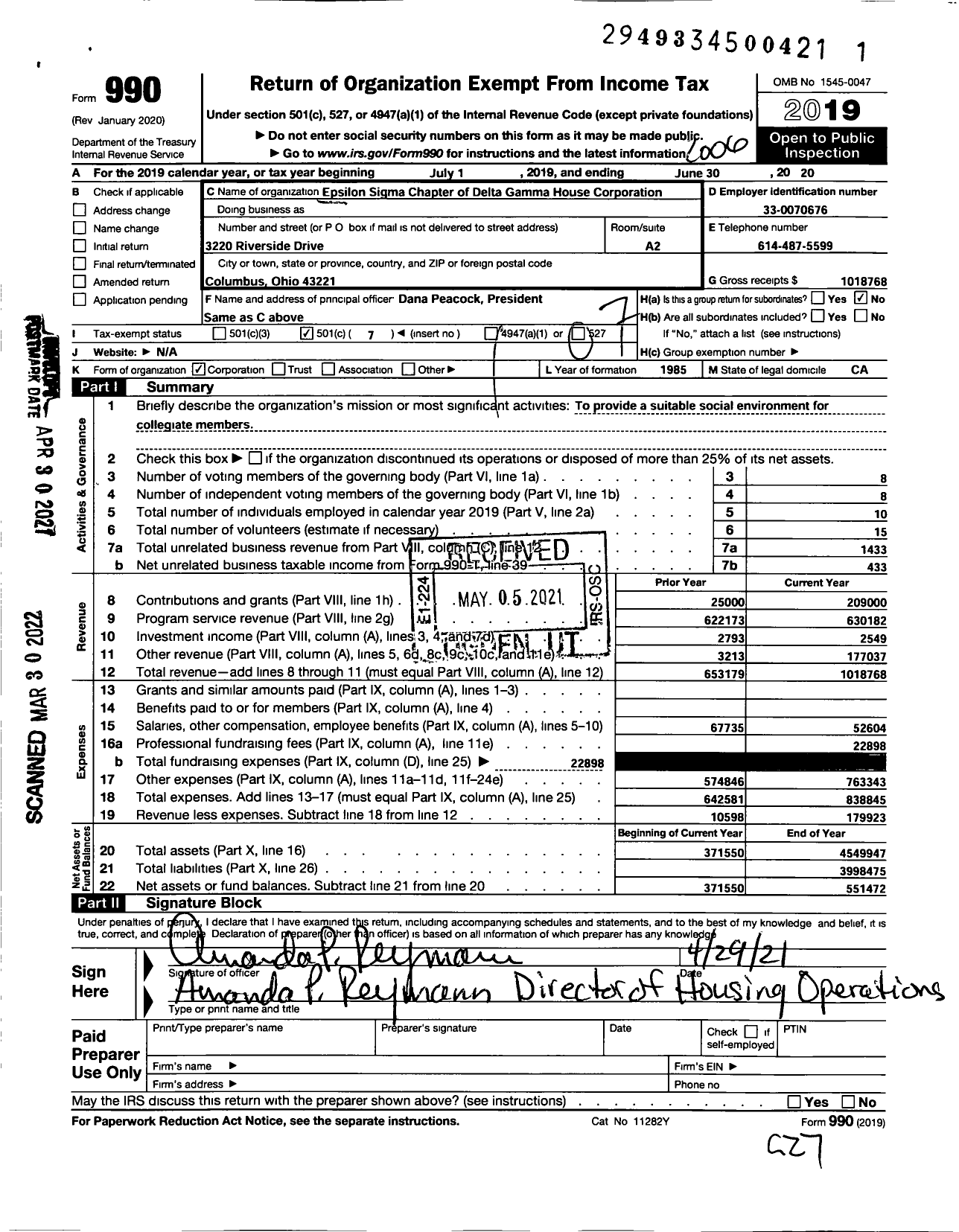 Image of first page of 2019 Form 990O for Epsilon Sigma Chapter of Delta Gamma House Corporation