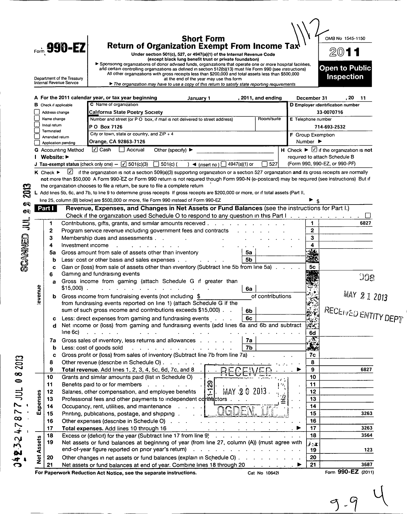 Image of first page of 2011 Form 990EZ for California State Poetry Society