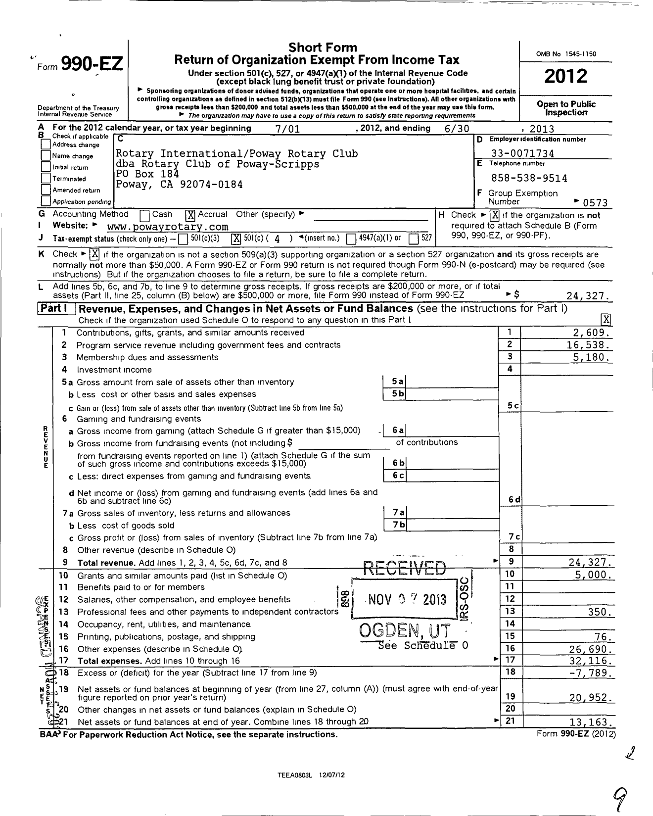 Image of first page of 2012 Form 990EO for Rotary International - Poway-Scripps