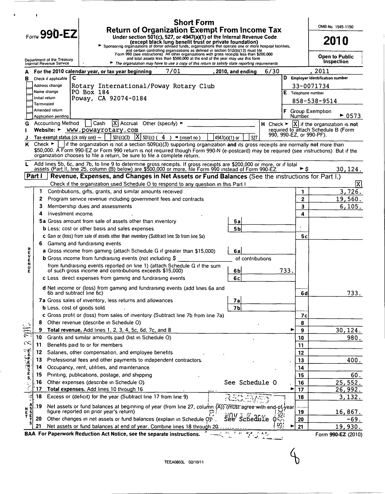 Image of first page of 2010 Form 990EO for Rotary International - Poway-Scripps