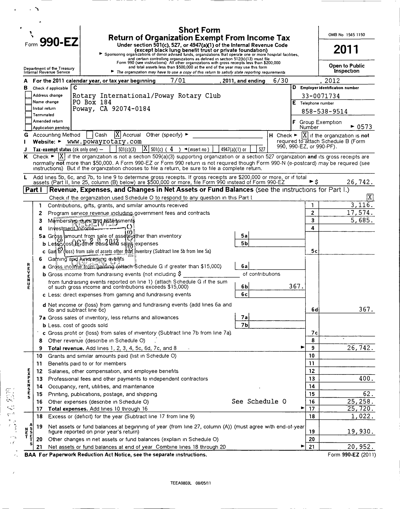 Image of first page of 2011 Form 990EO for Rotary International - Poway-Scripps