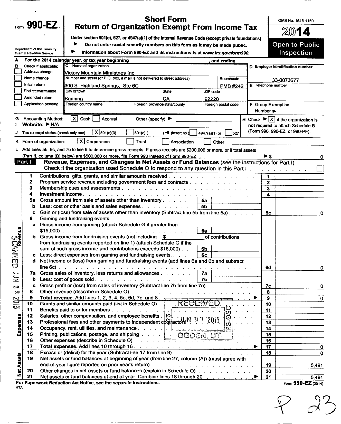 Image of first page of 2014 Form 990EZ for Victory Mountain Ministries