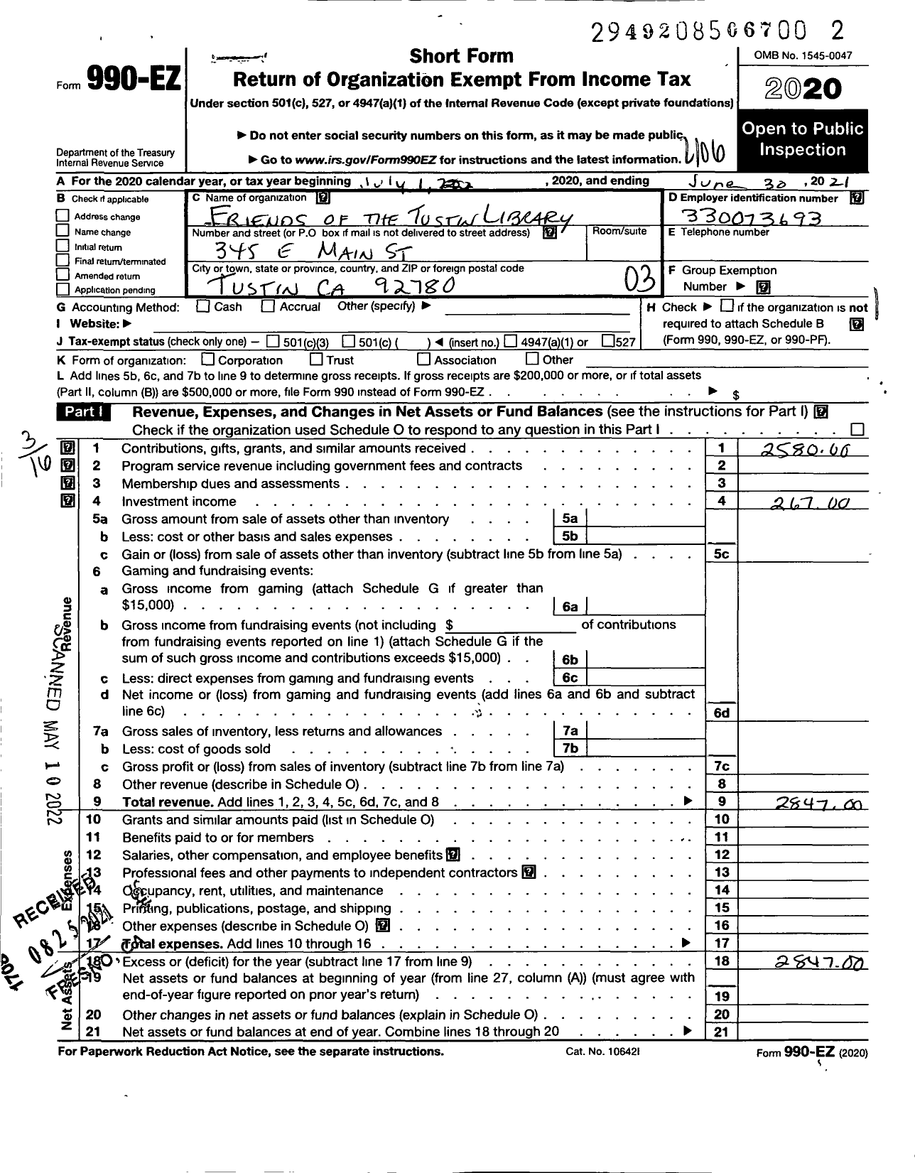 Image of first page of 2020 Form 990EZ for Friends of the Tustin Library