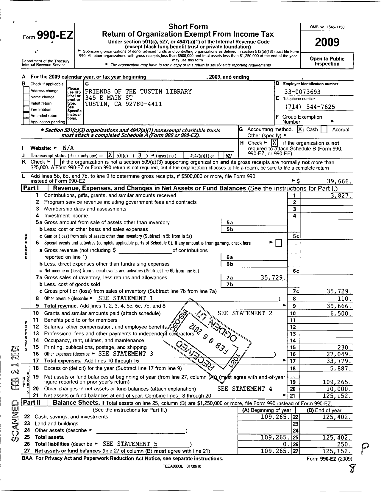 Image of first page of 2009 Form 990EZ for Friends of the Tustin Library