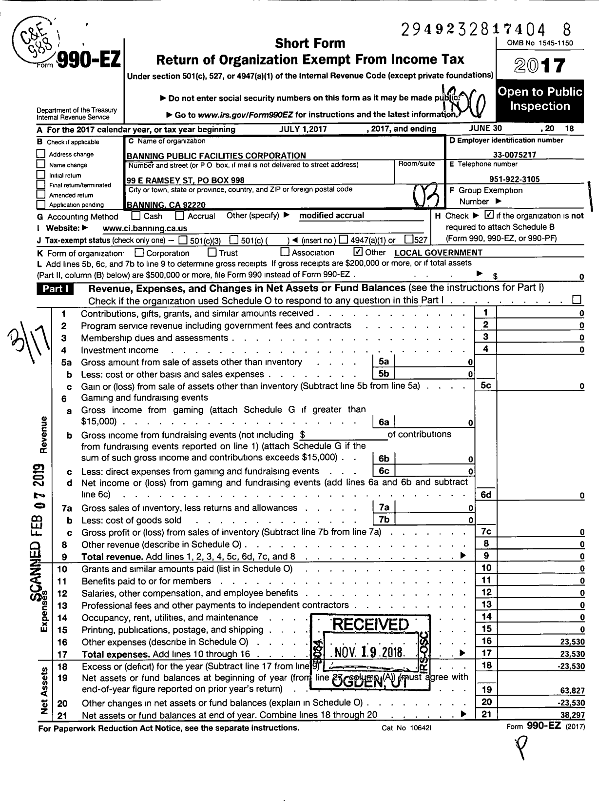 Image of first page of 2017 Form 990EZ for Banning Public Facilities Corporation