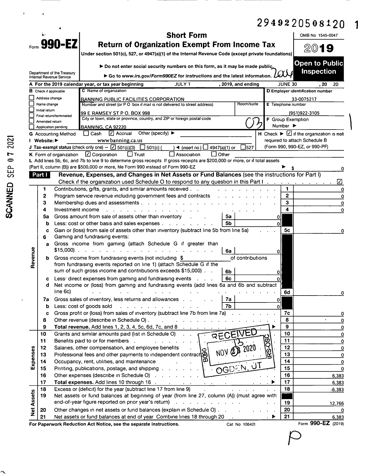 Image of first page of 2019 Form 990EZ for Banning Public Facilities Corporation