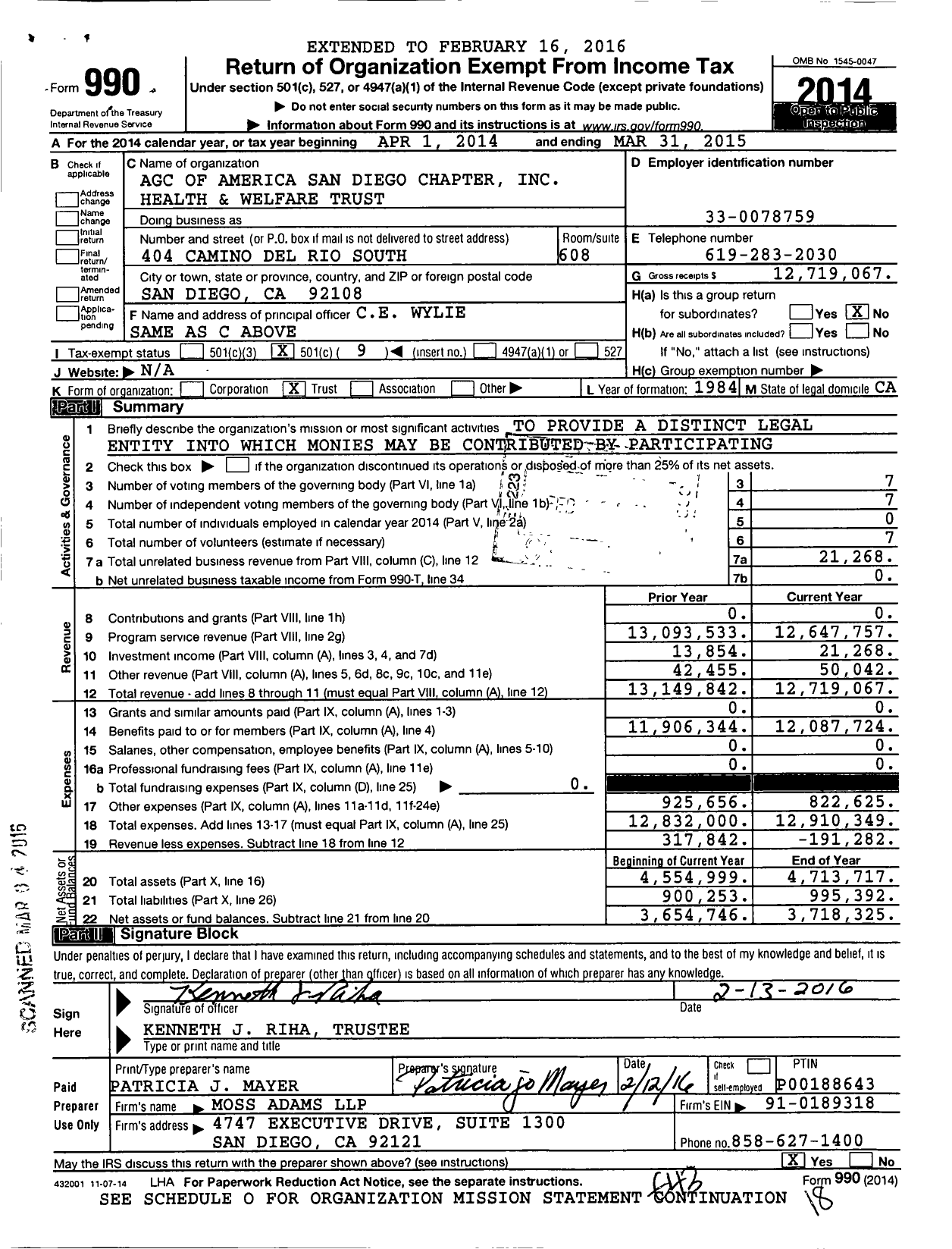 Image of first page of 2014 Form 990O for AGC of America San Diego Chapter Health and Welfare Trust