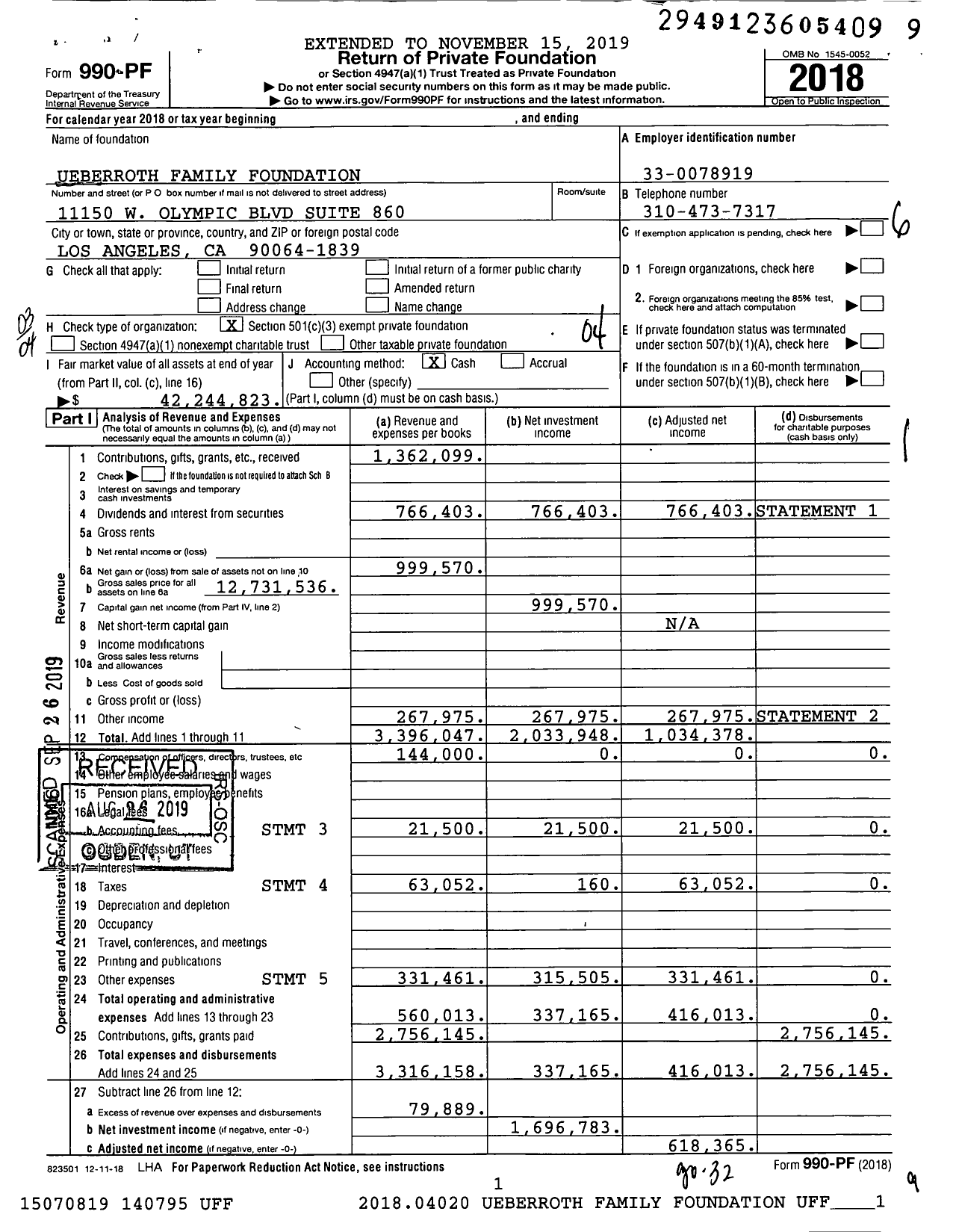 Image of first page of 2018 Form 990PF for Ueberroth Family Foundation