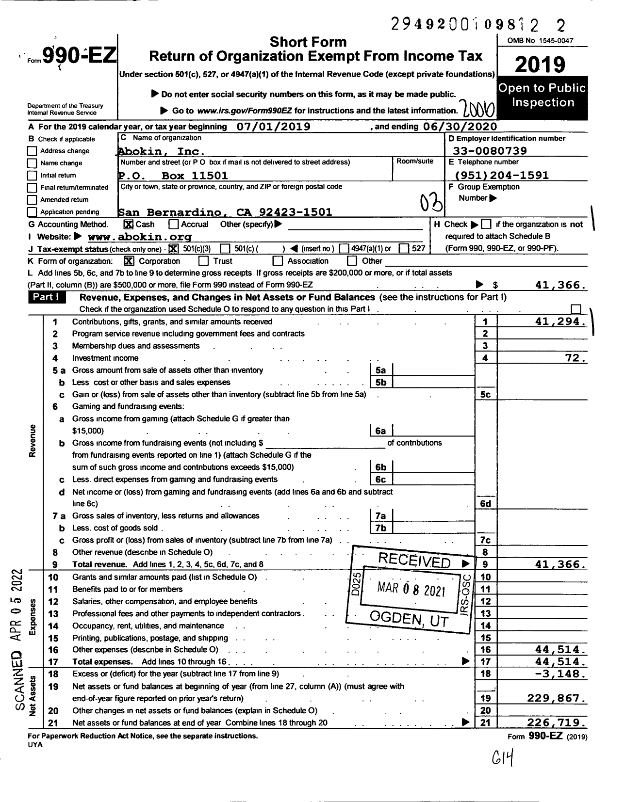 Image of first page of 2019 Form 990EZ for Abokin