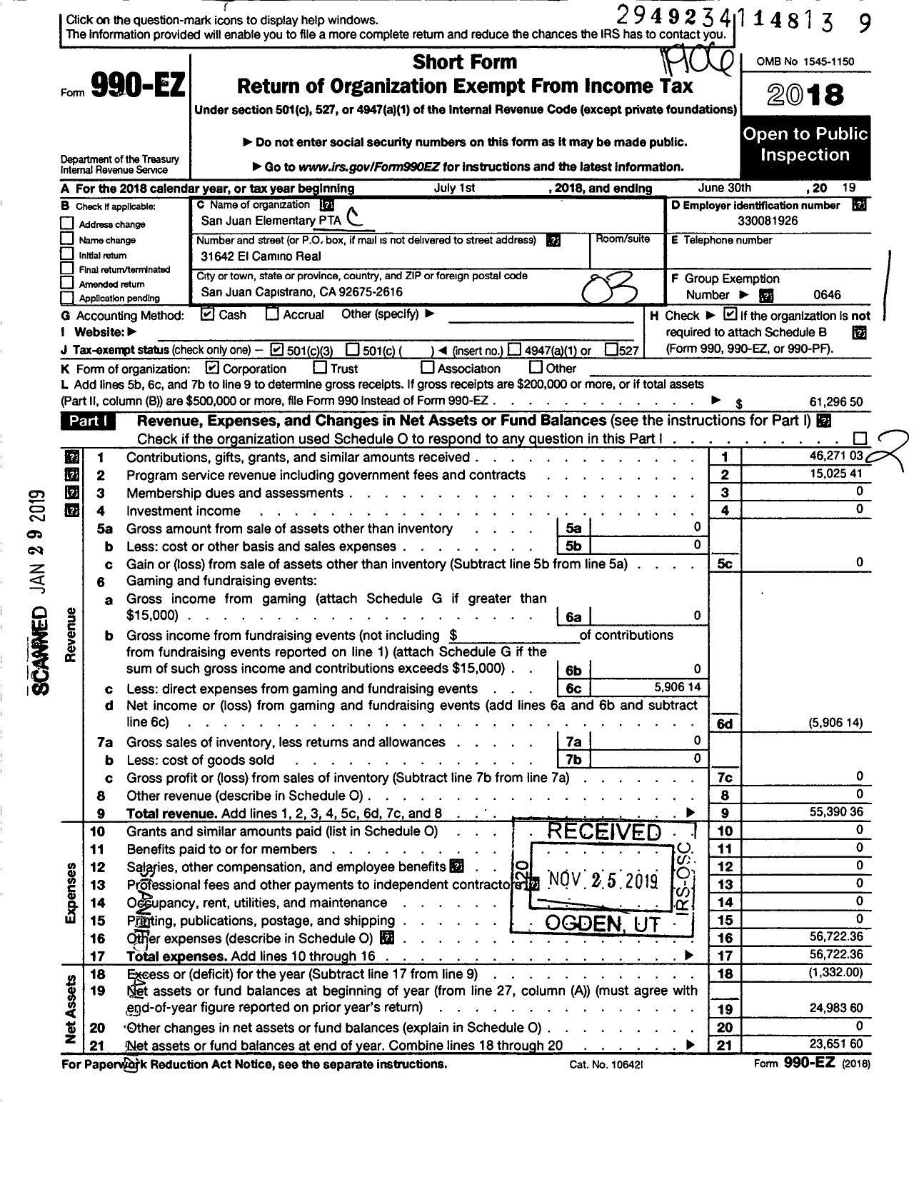 Image of first page of 2018 Form 990EZ for California State PTA - 593 San Juan Elementary PTA