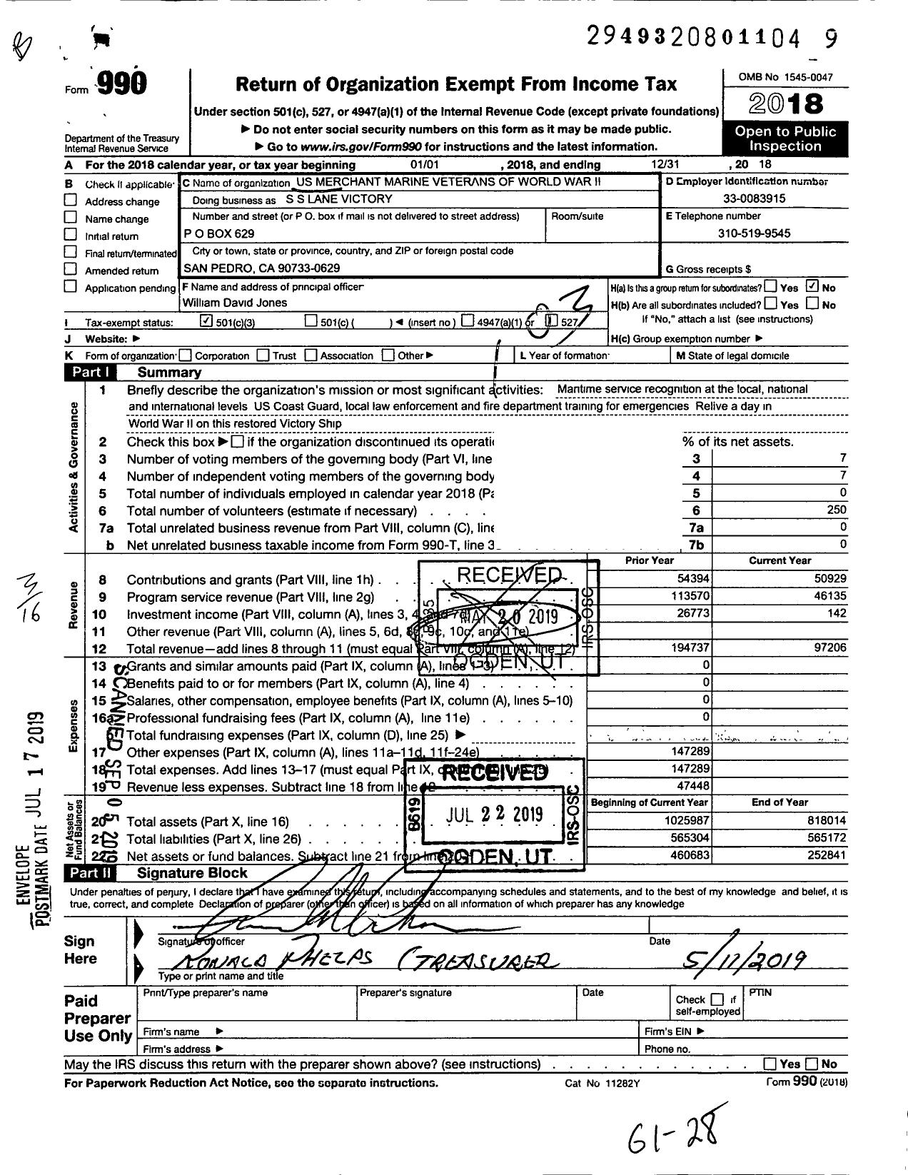 Image of first page of 2018 Form 990 for US Merchant Marine Veterans Of WWII