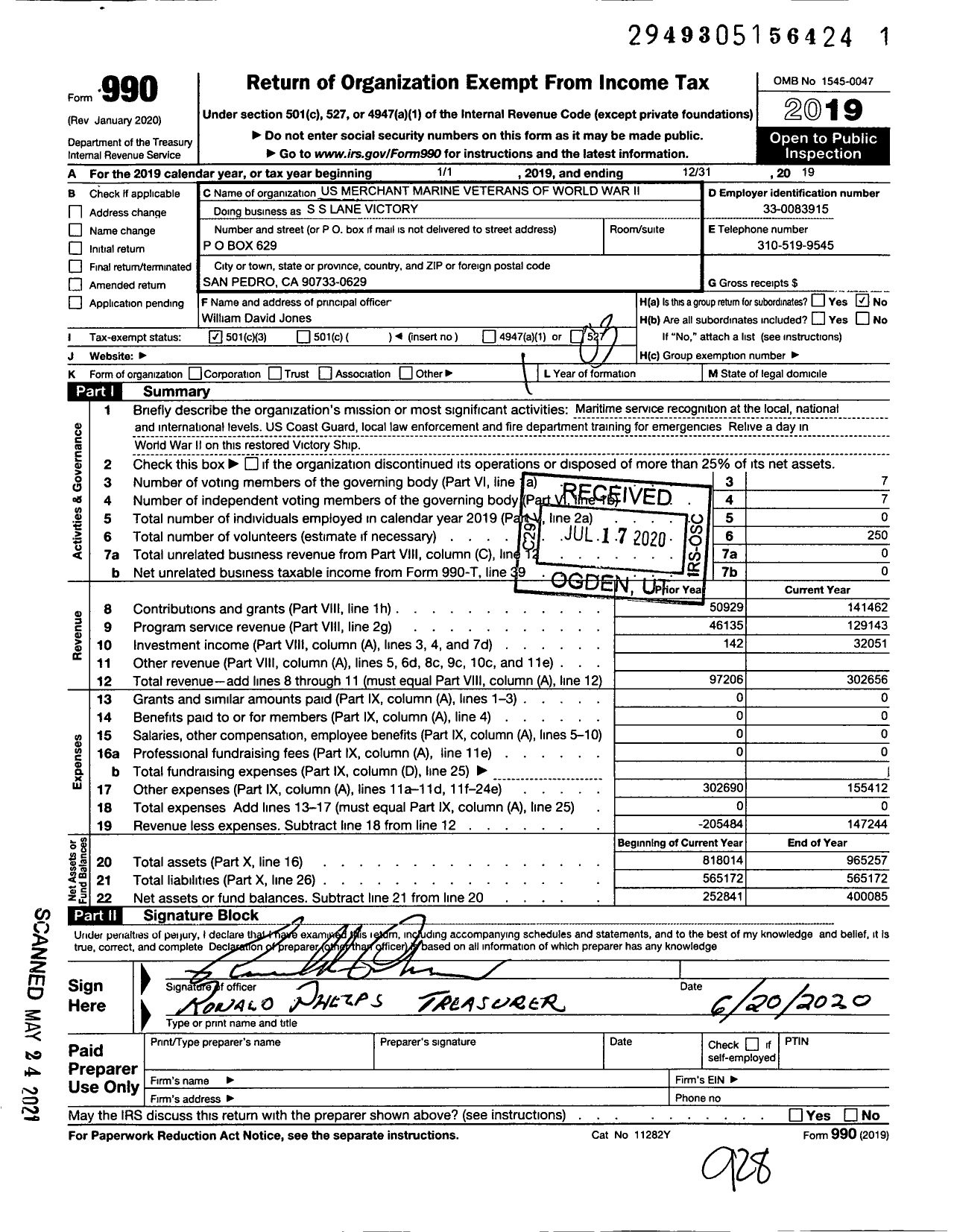 Image of first page of 2019 Form 990 for US Merchant Marine Veterans Of WWII