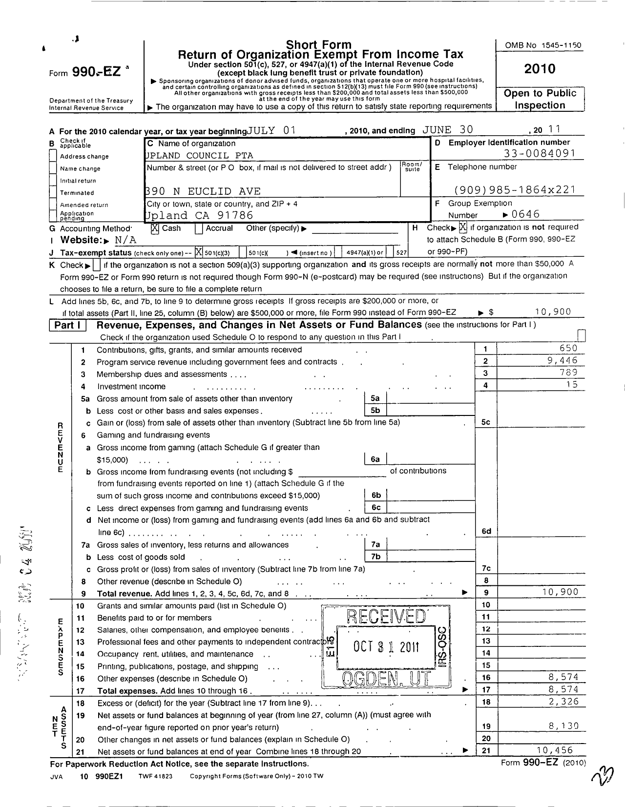 Image of first page of 2010 Form 990EZ for California State PTA - Upland Council of Ptas