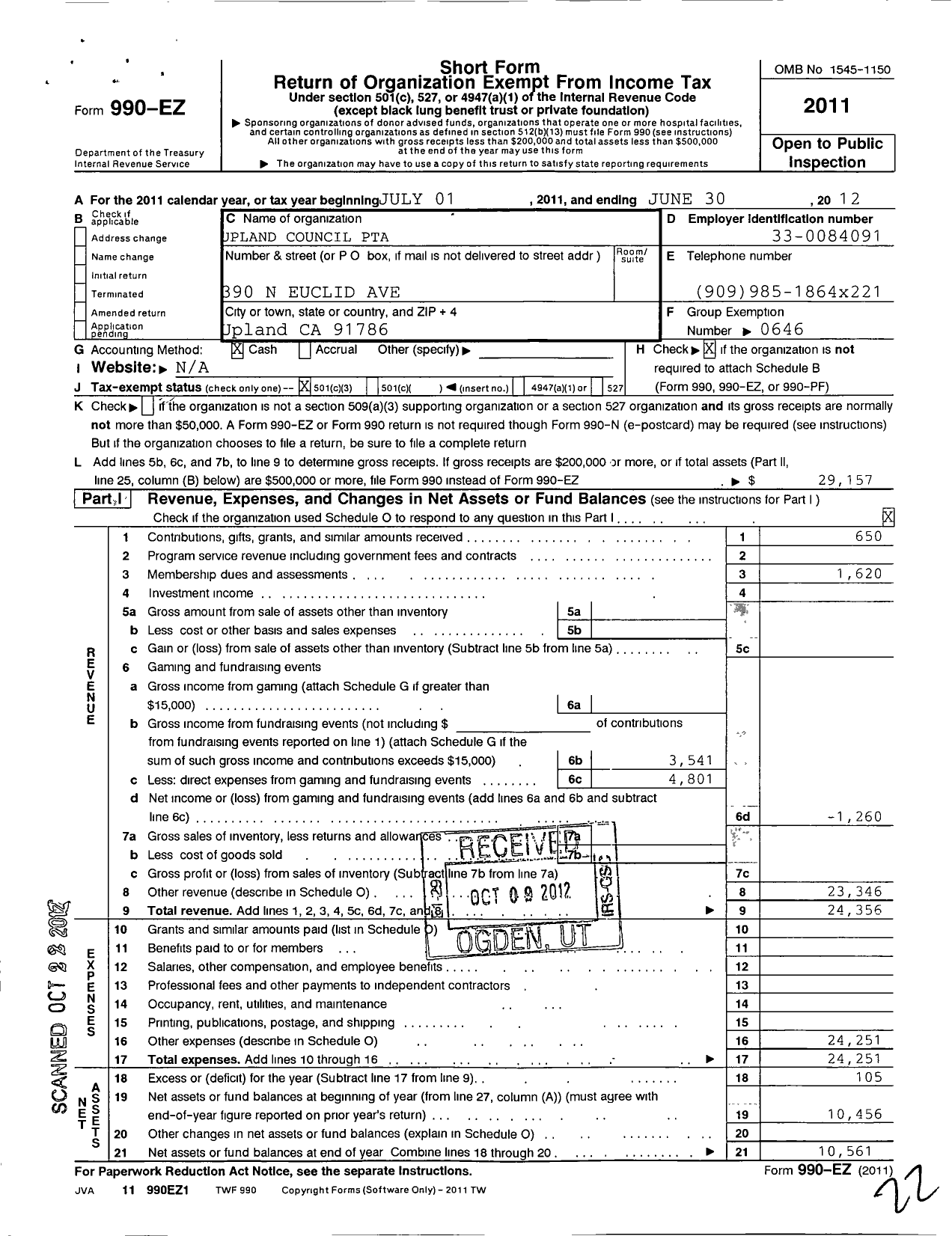 Image of first page of 2011 Form 990EZ for California State PTA - Upland Council of Ptas