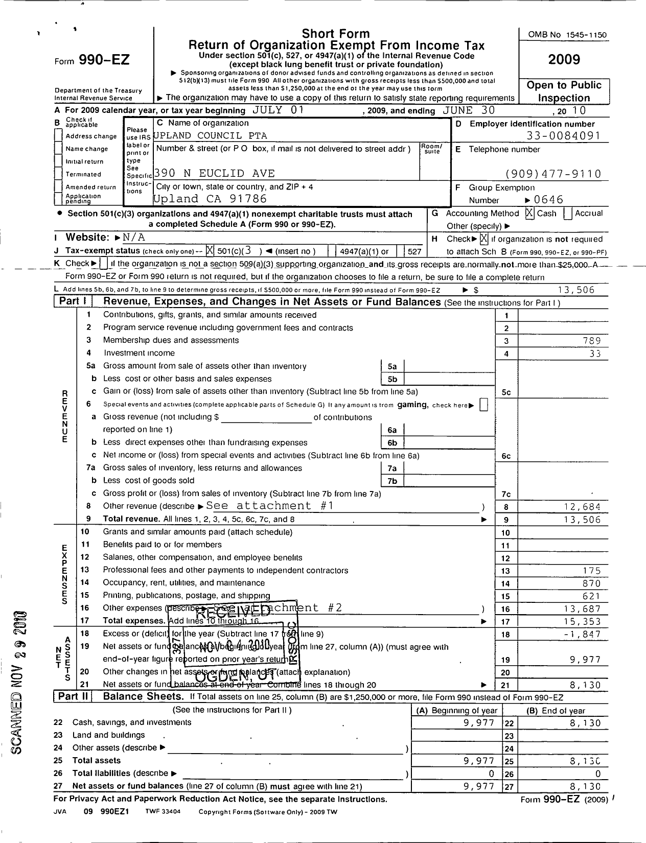 Image of first page of 2009 Form 990EZ for California State PTA - Upland Council of Ptas