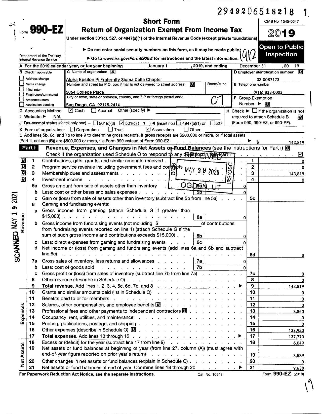 Image of first page of 2019 Form 990EO for Alpha Epsilon Pi Fraternity / Sigma Delta Chapter