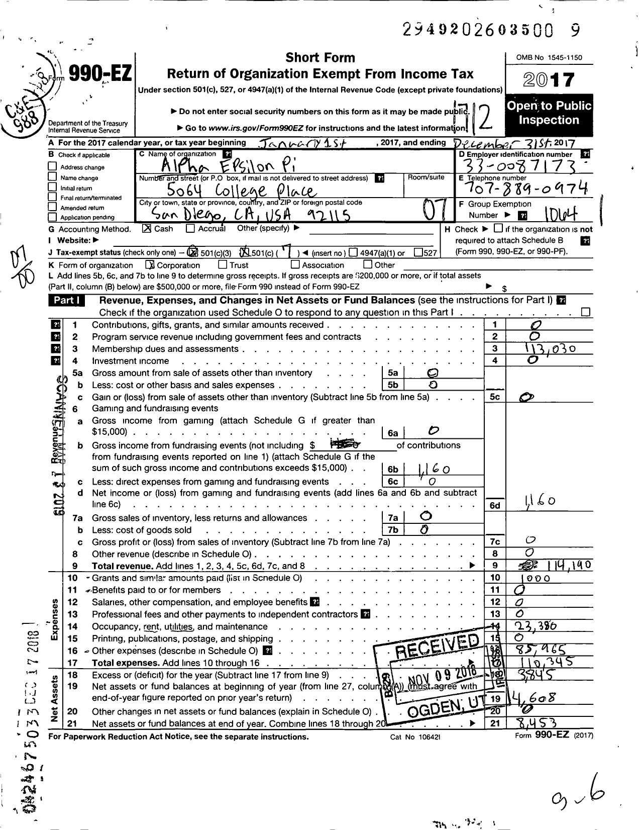 Image of first page of 2017 Form 990EO for Alpha Epsilon Pi Fraternity / Sigma Delta Chapter