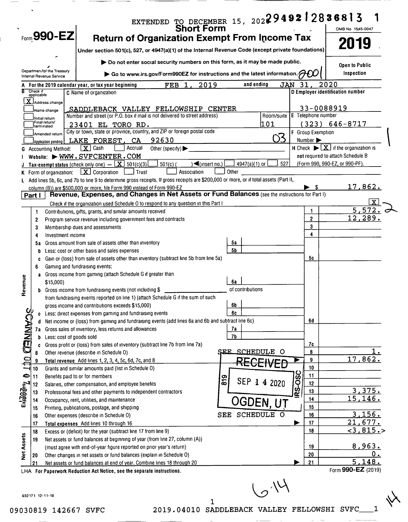 Image of first page of 2019 Form 990EZ for Saddleback Valley Fellowship Center