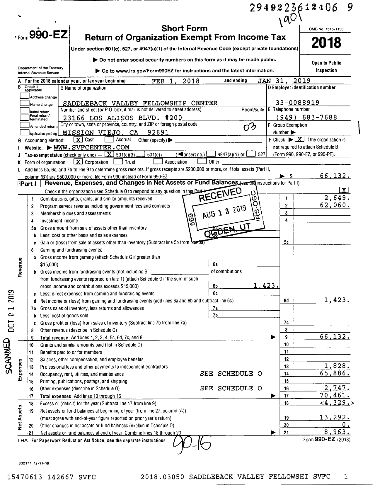 Image of first page of 2018 Form 990EZ for Saddleback Valley Fellowship Center