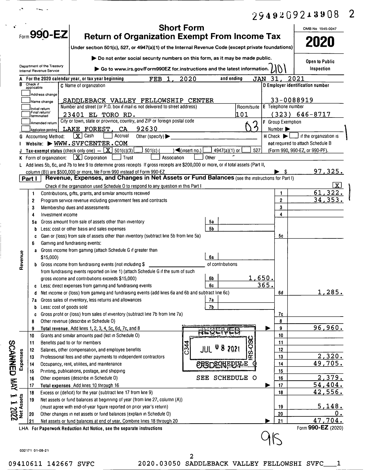 Image of first page of 2020 Form 990EZ for Saddleback Valley Fellowship Center