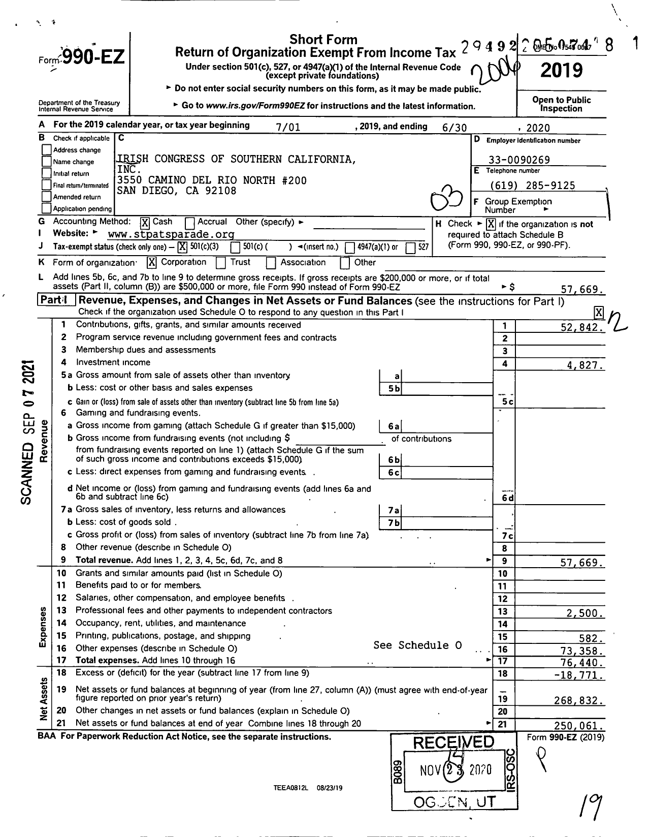 Image of first page of 2019 Form 990EZ for Irish Congress of Southern California