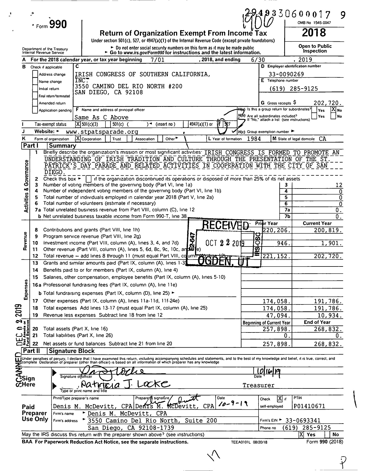 Image of first page of 2018 Form 990 for Irish Congress of Southern California