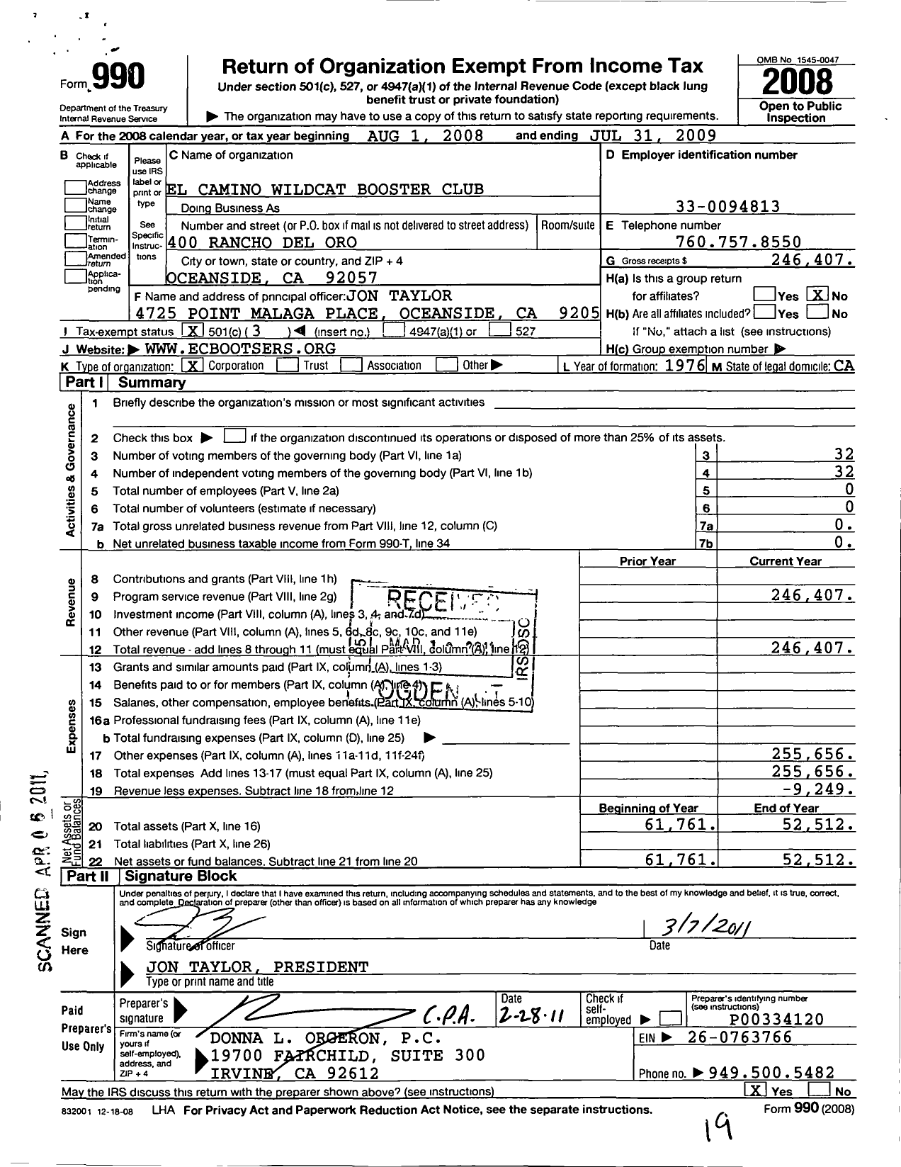 Image of first page of 2008 Form 990 for El Camino Wildcat Booster Club