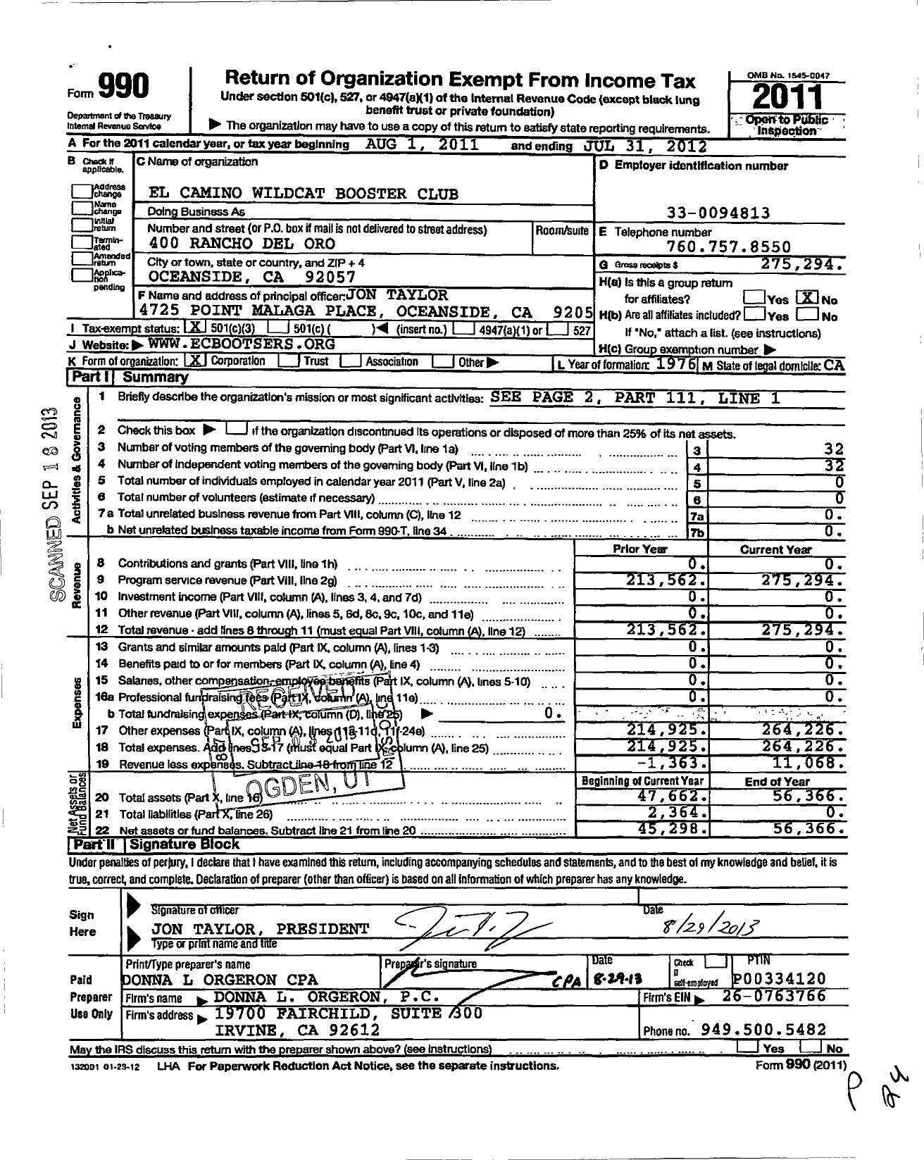 Image of first page of 2011 Form 990 for El Camino Wildcat Booster Club