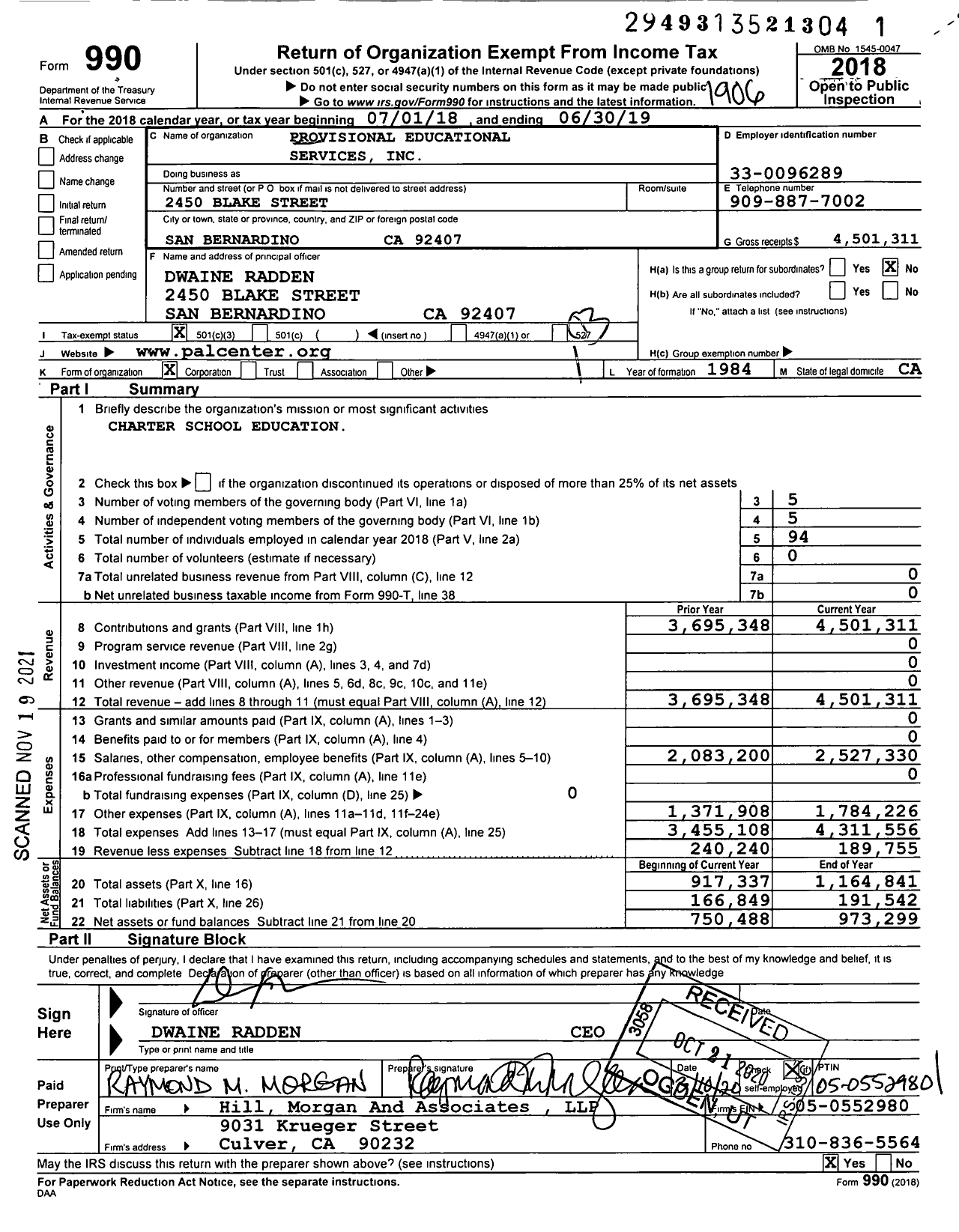 Image of first page of 2018 Form 990 for Provisional Accelerated Learning