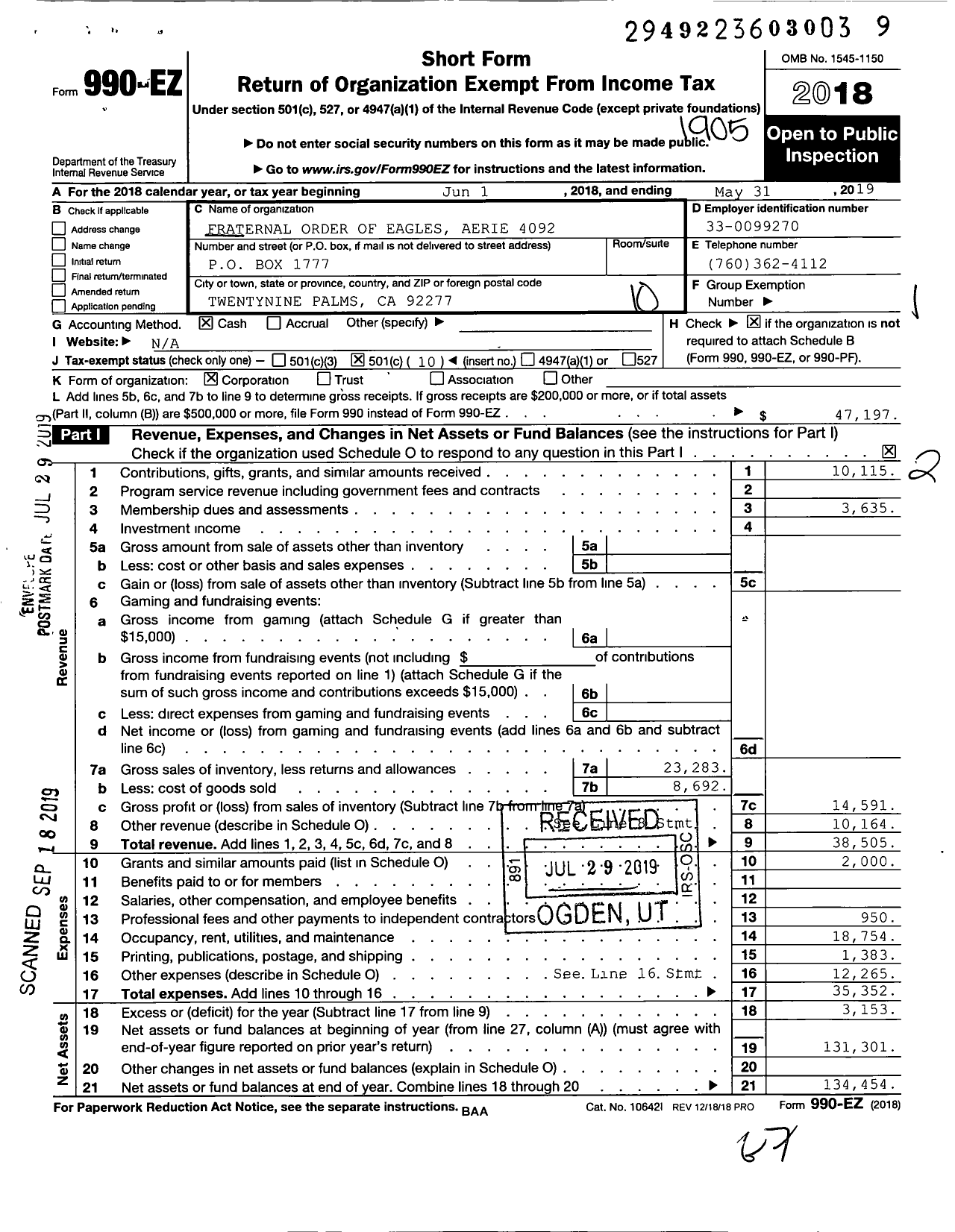 Image of first page of 2018 Form 990EO for Fraternal Order of Eagles - 4092 Aerie