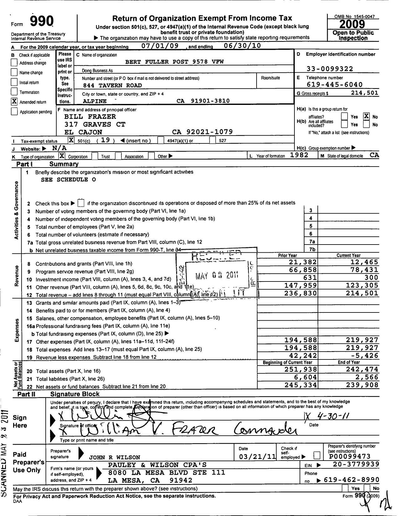 Image of first page of 2009 Form 990O for Bert Fuller Post No 9578 Veterans of Foreign Wars of the United States