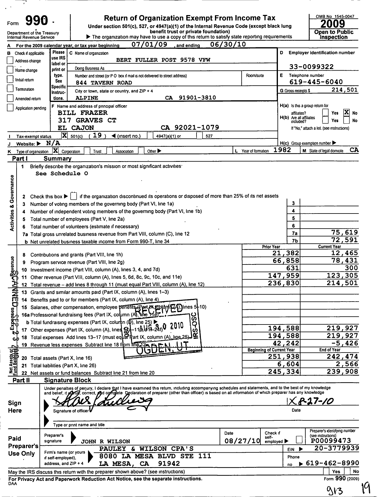 Image of first page of 2009 Form 990O for Bert Fuller Post No 9578 Veterans of Foreign Wars of the United States